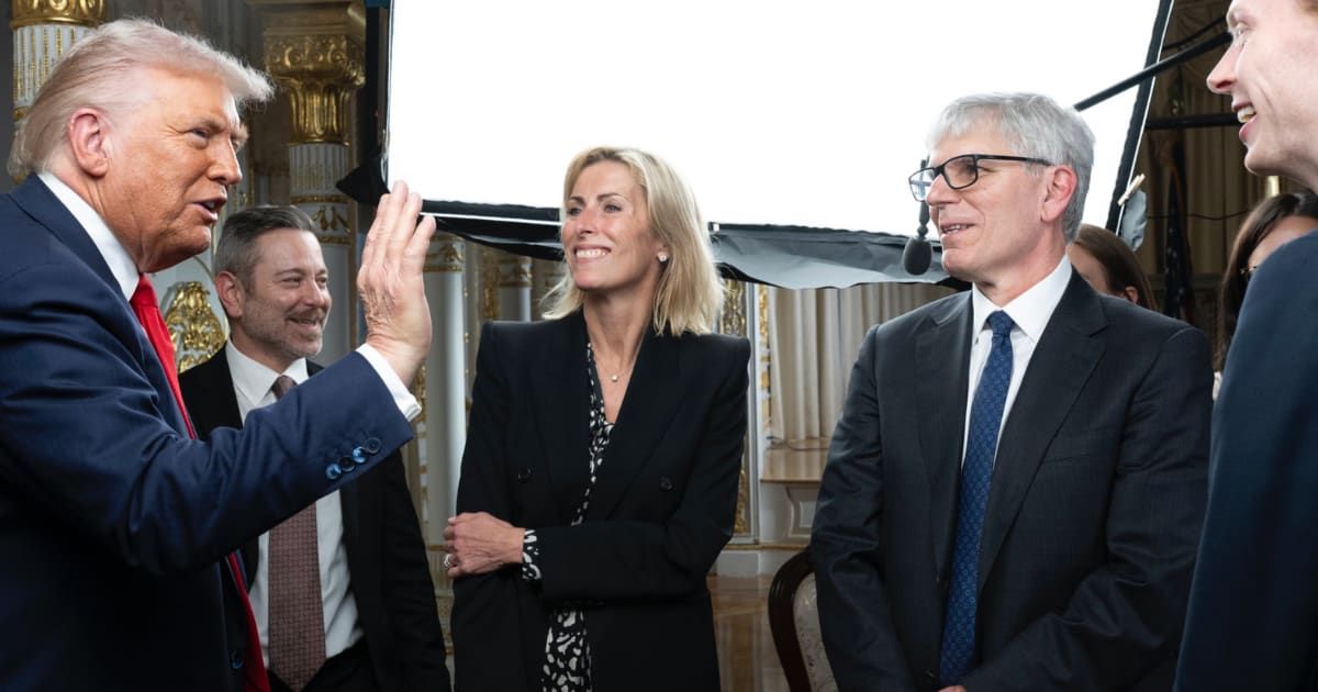 White House Communications Director Steven Cheung shared a photo showing President Donald Trump gesturing alongside grinning CBS executives (@StevenCheung47/X)