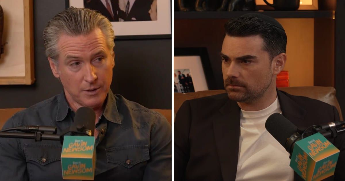 Ben Shapiro confronted Gavin Newsom over his stance on transgender gender issues during their chat on the California governor's podcast (Screengrab/This is Gavin Newsom/YouTube)