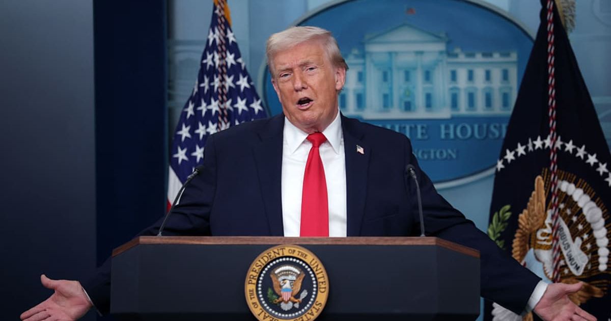 President Donald Trump speaks to the media during a press briefing in the James S Brady Press Briefing Room of the White House on January 20, 2026 in Washington, DC (Getty Images)
