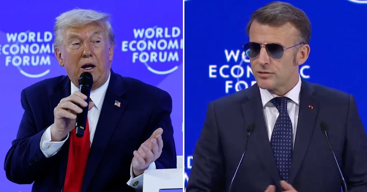 President Donald Trump reacts as he jokes about French President Emmanuel Macron during his Davos address (@IanJaeger29/X)