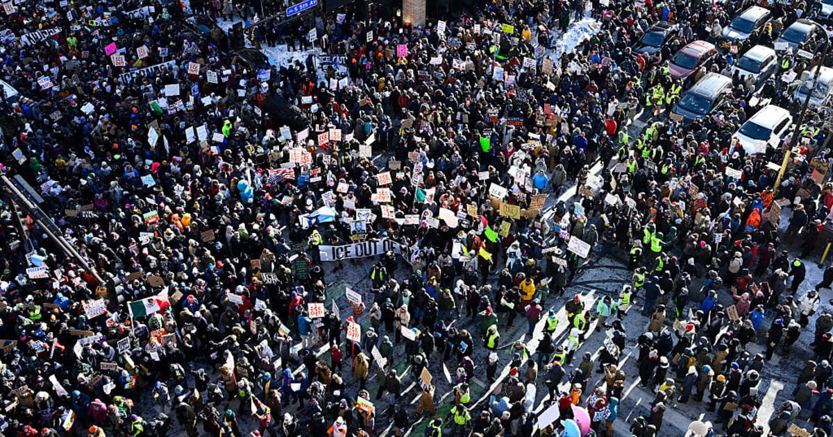 Demonstrators marched through downtown Minneapolis during an ‘ICE Out’ day of protest on January 23, 2026 (Getty Images)
