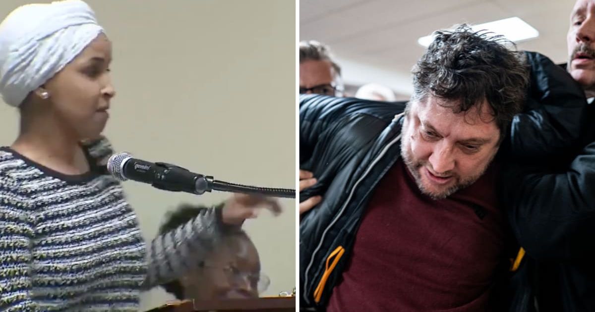 Rep. Ilhan Omar resumes speaking after a man sprayed her with an unknown substance during a town hall in Minneapolis on January 27, 2026 (X @jayobtv and Getty Images)