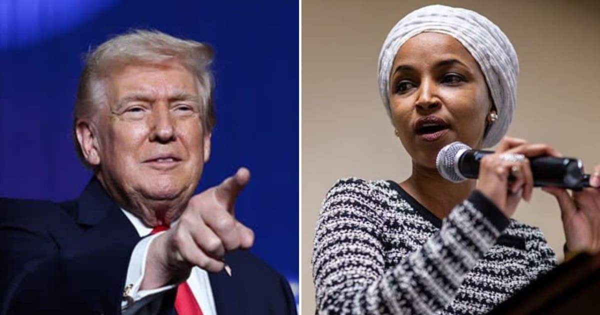 Donald Trump criticized Ilhan Omar at a rally, saying migrants must love the United States and citing her while praising his border enforcement efforts (Win McNamee/Getty Images, Brandon Bell/Getty Images)