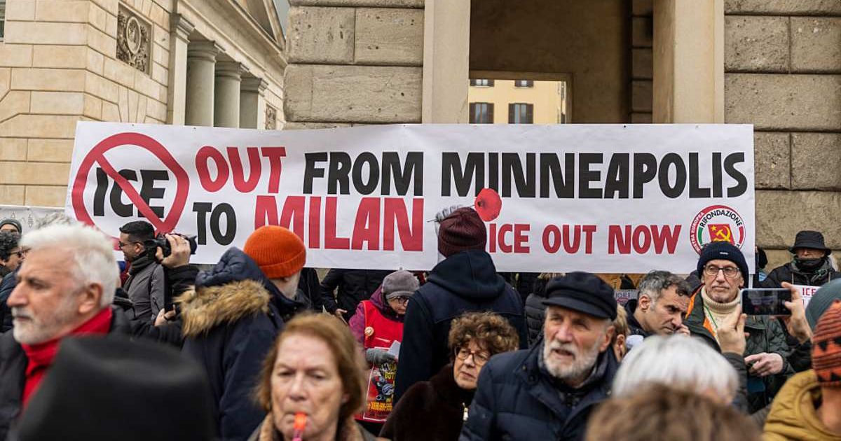 People protest against deployment of ICE agents during the Milano Cortina 2026 Winter Olympics on  in Milan, Italy (Getty Images)