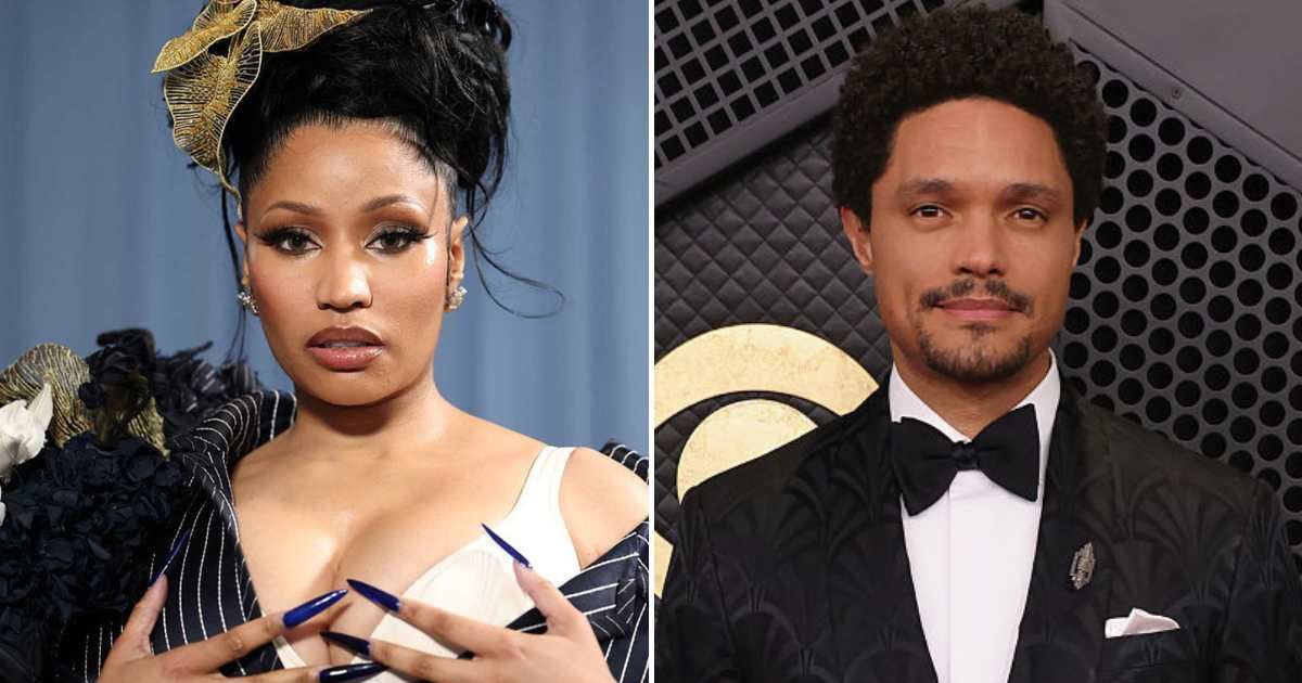Trevor Noah didn't hold back in his final Grammys monologue. He roasted Nicki Minaj’s absence, joking she was at the White House with Trump debating who has the 'biggest' asset (Getty Images)