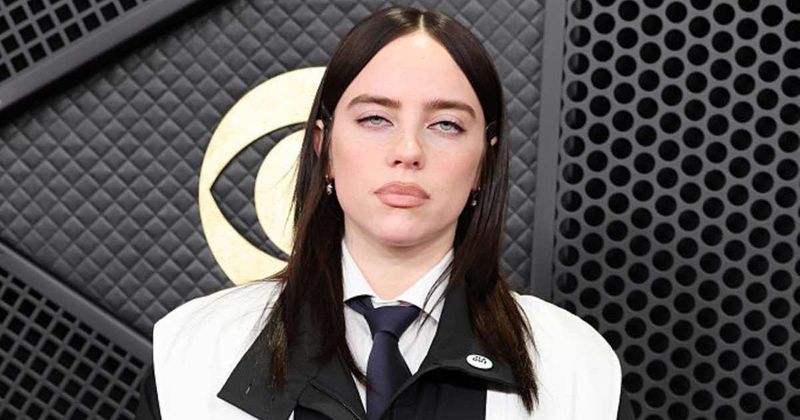 Billie Eilish pairs 'ICE Out' pin with custom Hodakova look at 2026 Grammys