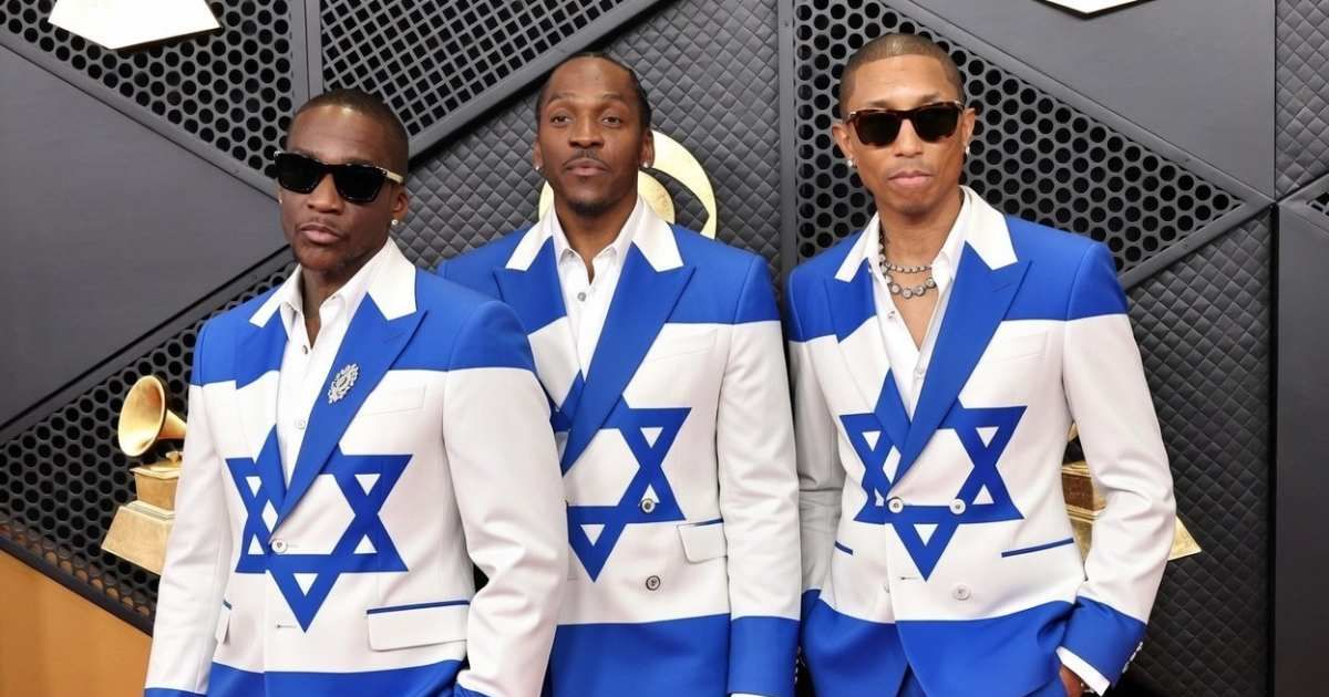 Viral image shows Malice, Pusha T, and Pharrell Williams wearing Israeli flag outfits (@hfrpodcast/X)
