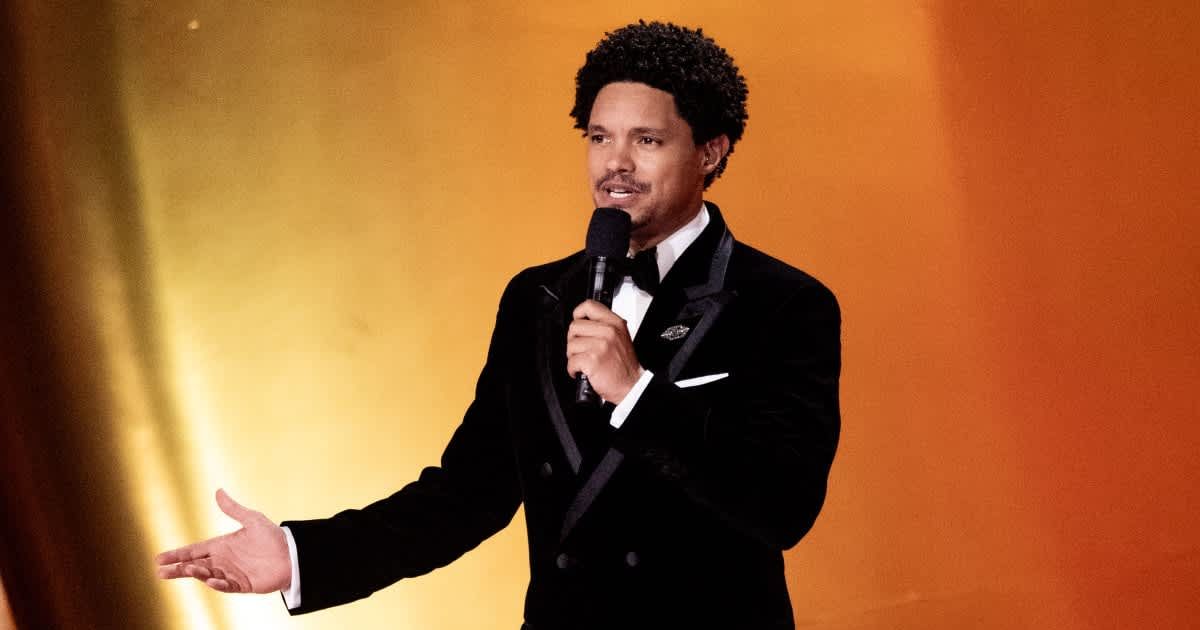 Trevor Noah cracked jokes about Donald Trump, Nicki Minaj and Jeffrey Epstein after Billie Eilish’s win, saying Trump wants Greenland (Timothy Norris/FilmMagic)