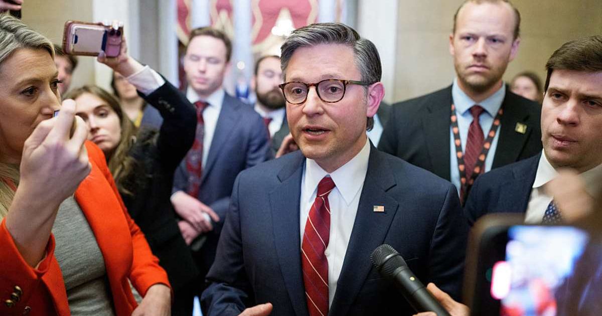 WASHINGTON, DC - FEBRUARY 3: U.S. Speaker of the House Mike Johnson (R-LA) speaks with reporters following a rules vote on funding the U.S. government at the U.S. Capitol February 3, 2026 in Washington, DC. The House is set to vote on final passage of leg
