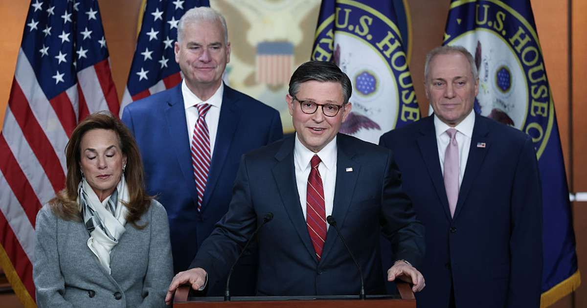 US House Speaker Mike Johnson (R-LA), second from right, speaks during a press conference with House Republican leadership at the US Capitol on February 3, 2026, in Washington, DC (Getty Images)