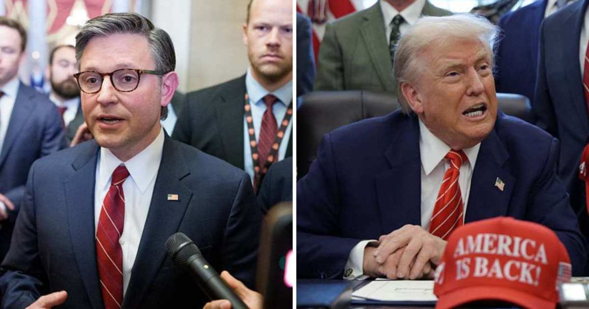 The 'America Is Back!' hat sat on the Resolute Desk in the Oval Office as House Speaker Mike Johnson praised the message while standing alongside President Trump during the bill-signing ceremony (Getty Images)