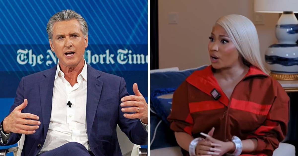 Nicki Minaj slammed Gavin Newsom for 'trying to be Trump,' accusing him of mimicking President Donald Trump’s style and chasing attention (Getty Images and YouTube/ Katie Miller Pod)
