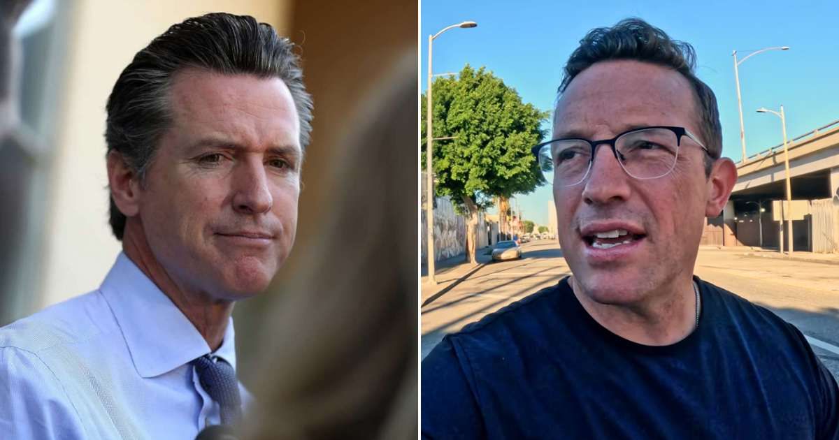 Conservative commentator Benny Johnson is squarely blaming Governor Gavin Newsom for California’s homelessness issue (Getty Images, Benny Johnson/YouTube)