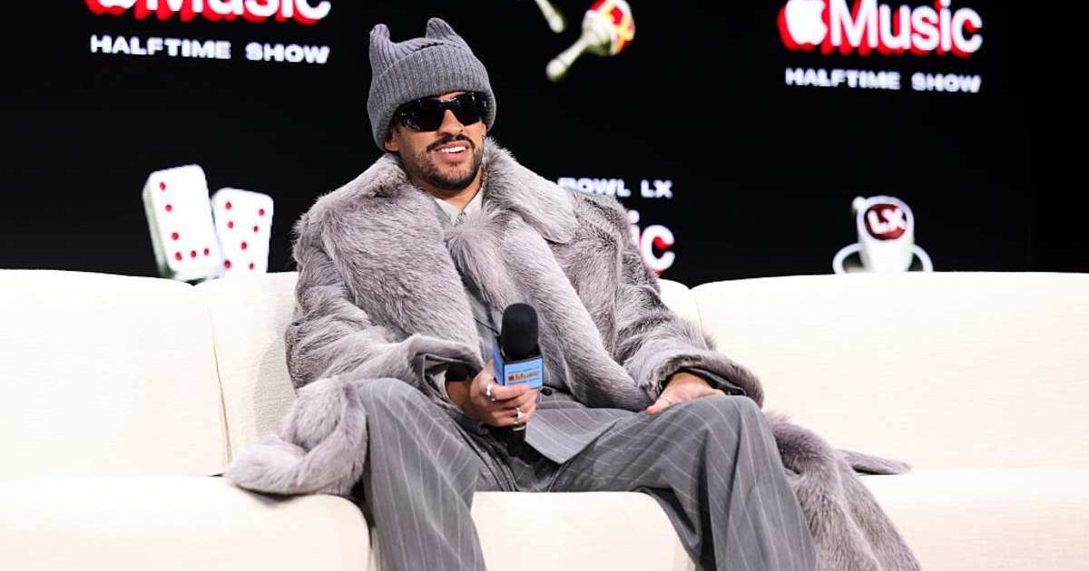 Bad Bunny appears onstage during the Super Bowl LX Pregame & Apple Music Super Bowl LX Halftime Show Press Conference at Moscone Center West on February 05, 2026 in San Francisco, California (Logan Bowles/Getty Images)