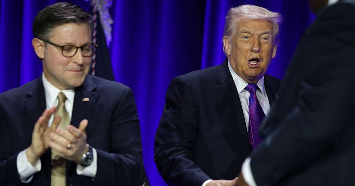 President Donald Trump joked about House Speaker Mike Johnson’s strong religious devotion during remarks at the 74th annual National Prayer Breakfast (Getty Images)