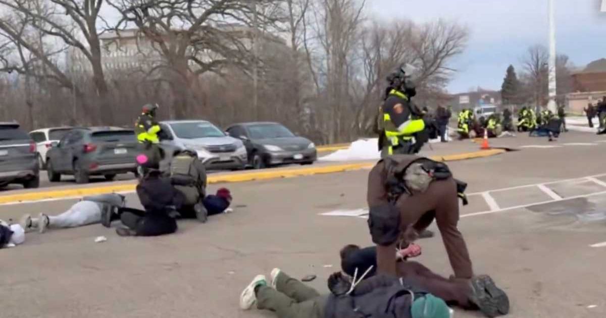 Anti-ICE protesters were arrested after they clashed with law enforcement near the Bishop Henry Whipple Federal Building on Saturday, February 7, in Minneapolis, Minnesota (Screengrab/X/FRONTLINES TPUSA)