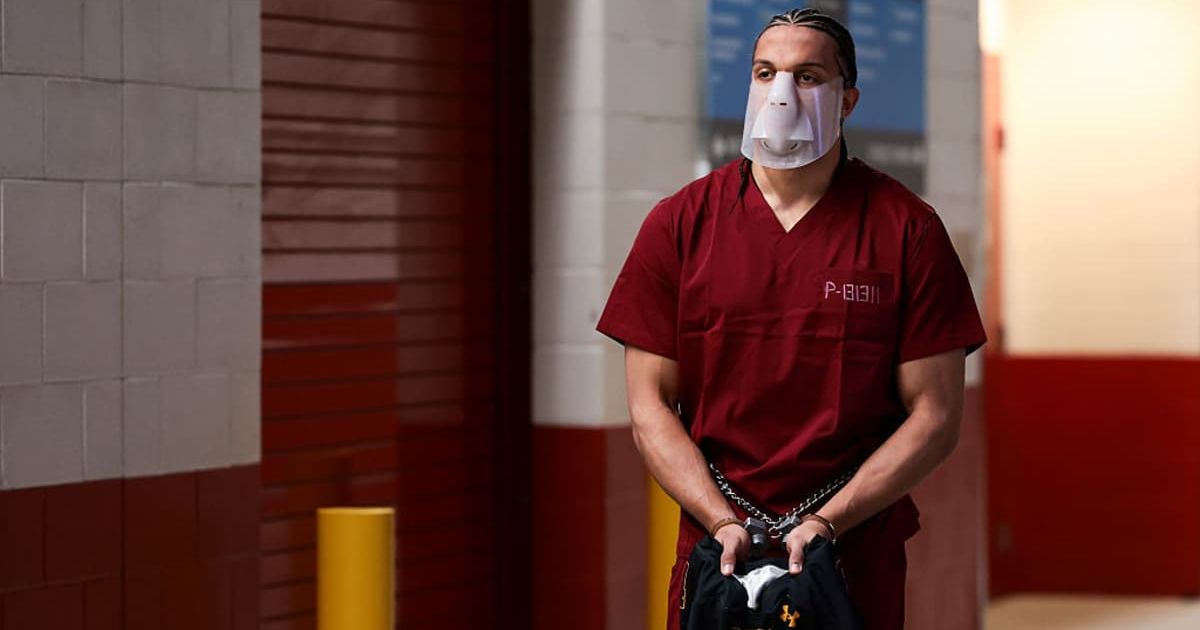 Mack Hollins arrived in a prison-style jumpsuit and shackles before Super Bowl LX at Levi’s Stadium in Santa Clara (Kathryn Riley/Getty Images)
