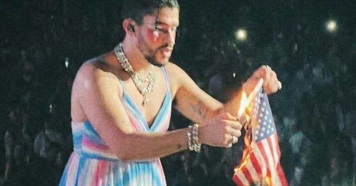 Viral image shows Bad Bunny burning a US Flag (@JBeCoolPeace/X)