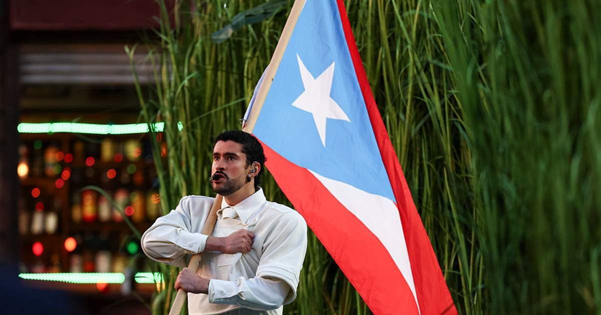 Bad Bunny performs in the Apple Music Halftime Show during the NFL Super Bowl 60 football game at Levi's Stadium on February 8, 2026, in Santa Clara, California (Getty Images)