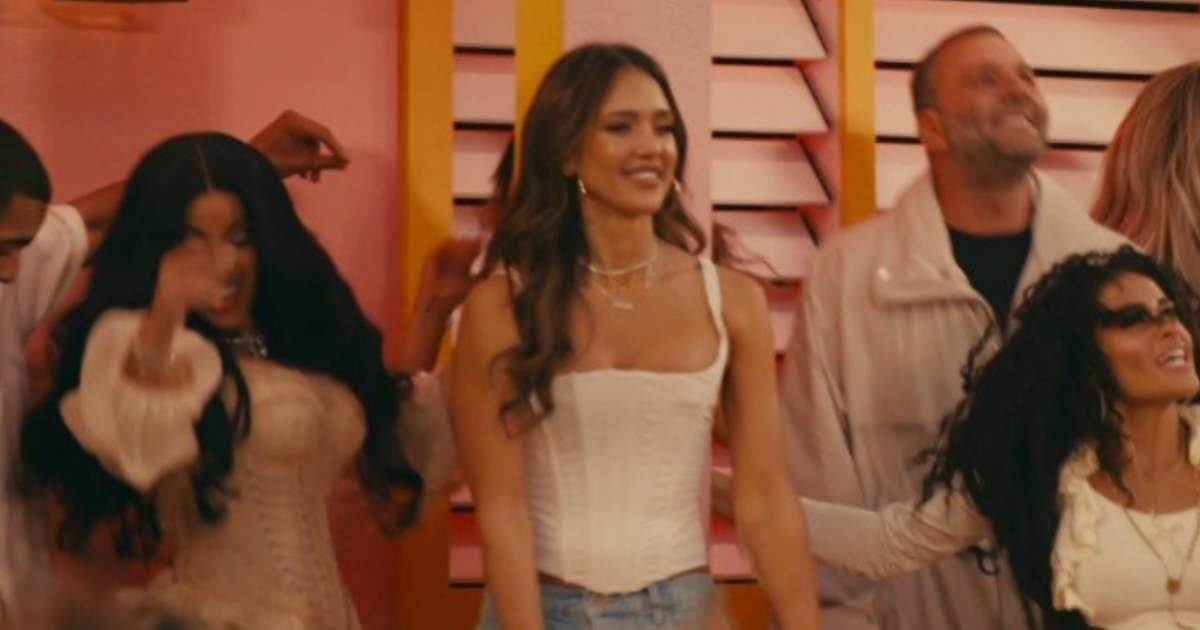 Jessica Alba appeared on stage during the Super Bowl halftime show as critics slammed her dancing performance (Screengrab/@FDSportsbook/X)