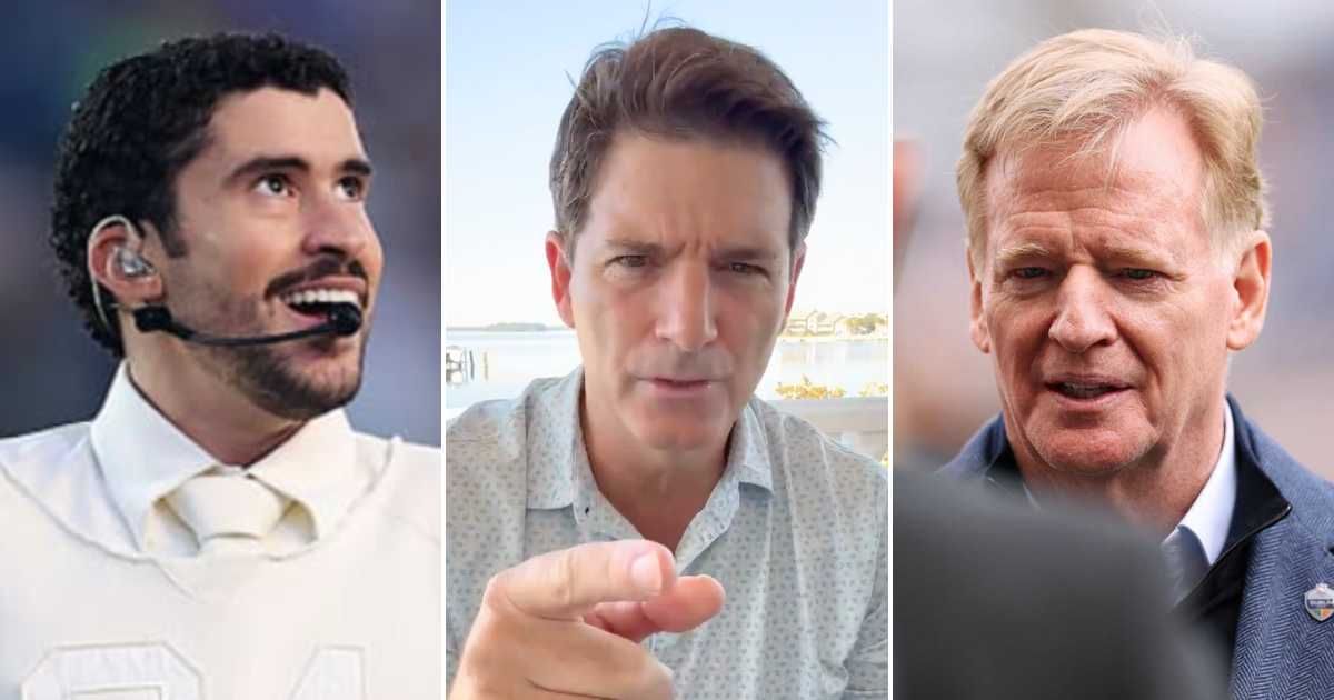 Conservative commentator Dennis Michael Lynch (C) lashed out at NFL Commissioner Roger Goodell (R) and the league following Bad Bunny's performance at the 2026 Super Bowl halftime show (Getty Images, X/@TrustDML)