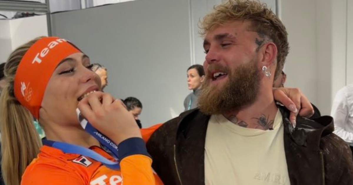 Jutta Leerdam won Olympic gold in the women’s 1,000 meters in Milan, sharing an emotional moment as fiance Jake Paul tearfully watched her victory (@jakepaul/X)