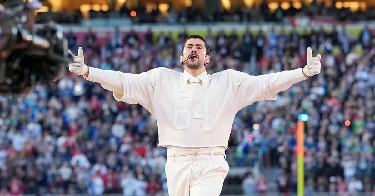  Musician Bad Bunny performs during the Apple Music halftime show at the NFL Super Bowl LX football game between the Seattle Seahawks and New England Patriots at Levi Stadium on February 8, 2026 in Santa Clara, California (Todd Rosenberg/Getty Images)