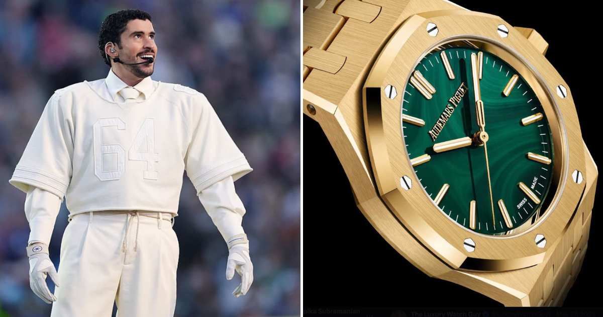 Bad Bunny elevated his 2026 Super Bowl Halftime look with a $75K Audemars Piguet watch (Getty Images, @LuxuryWatchGuy1/X)