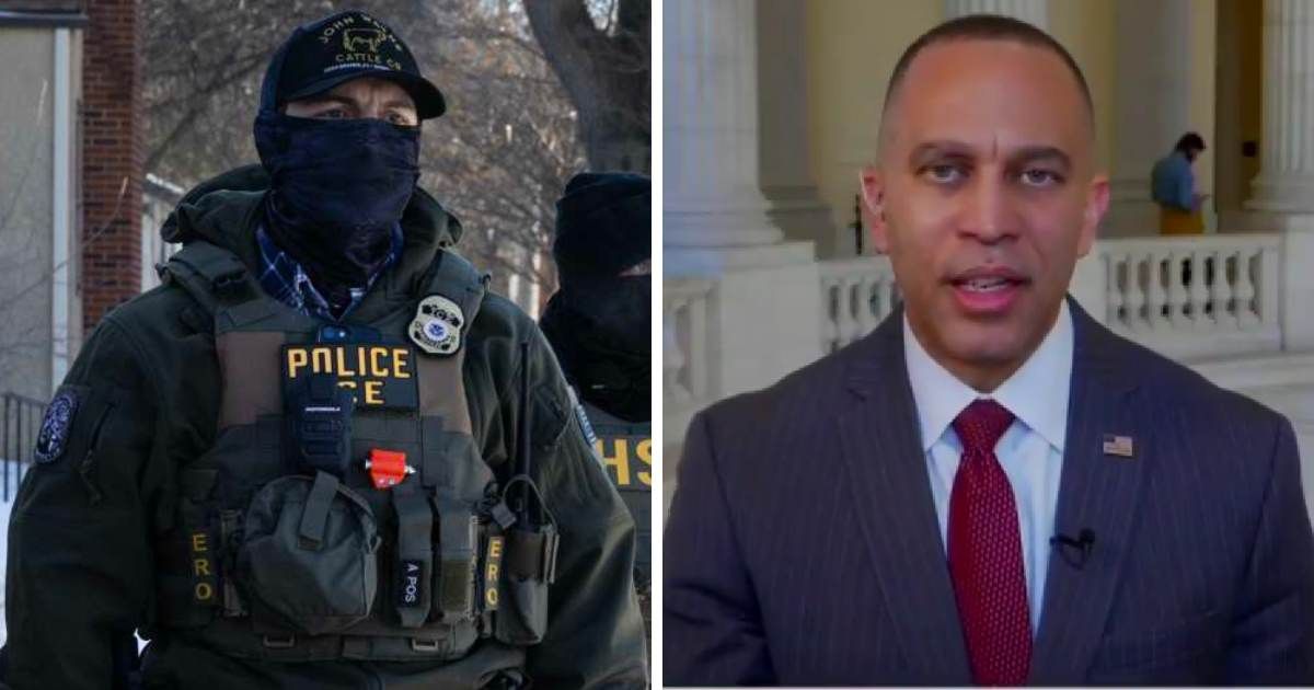 Hakeem Jeffries warned Immigration and Customs Enforcement must be reined in or the Department of Homeland Security could shut down by February 13 (Screengrab/@TheWarMonitor/X, Getty Images)
