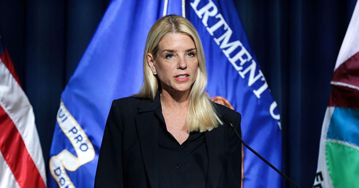 An online rumor claimed that Attorney General Pam Bondi said prosecuting everyone named in the Epstein files would cause the “whole system” to collapse. (Getty Images)