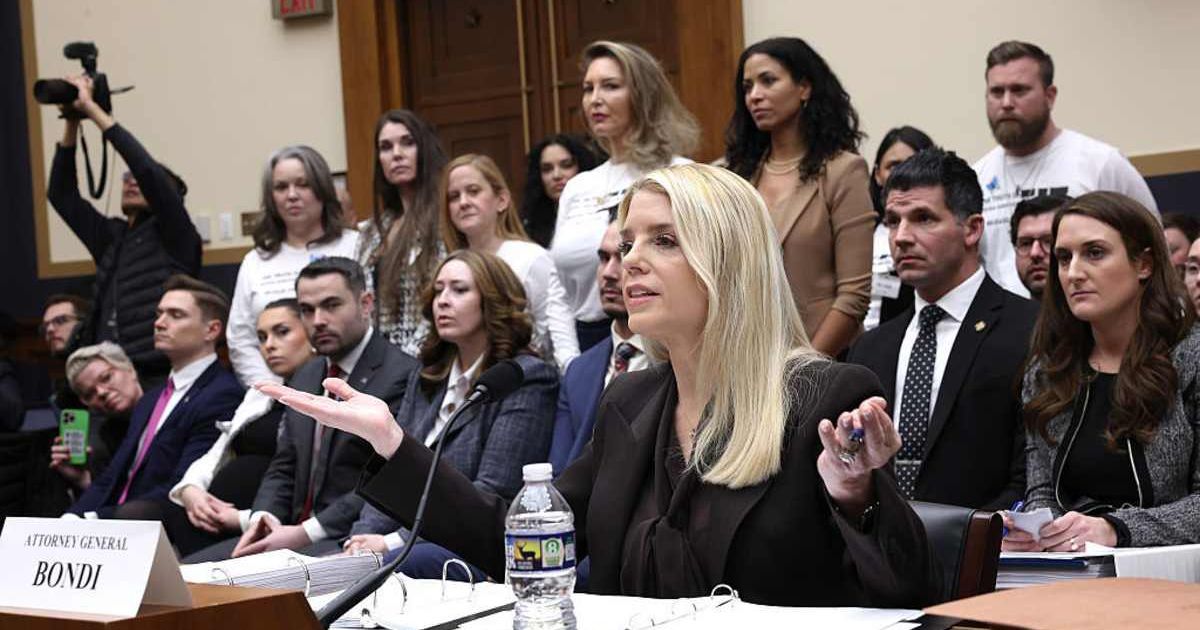 Attorney General Pam Bondi testified as survivors of Jeffrey Epstein stood behind her during a House Judiciary Committee hearing in the Rayburn House Office Building on February 11, 2026, in Washington, DC (Getty Images)