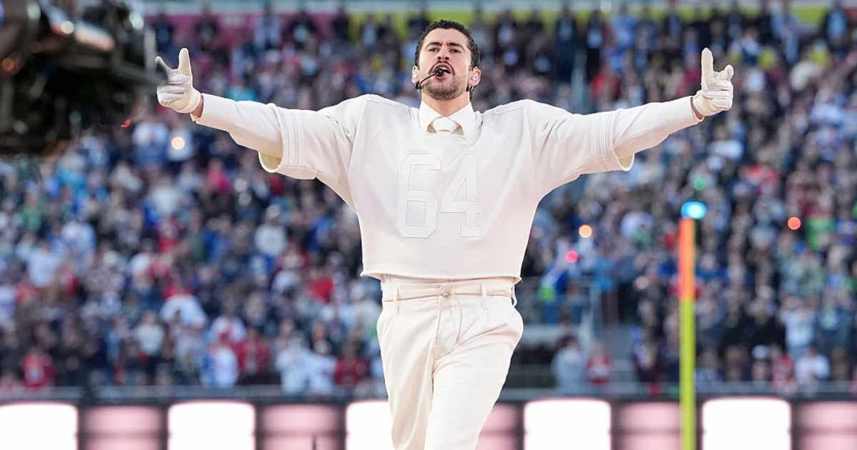  Musician Bad Bunny performs during the halftime show at the NFL Super Bowl LX on February 8, 2026, in Santa Clara, California (Todd Rosenberg/Getty Images)