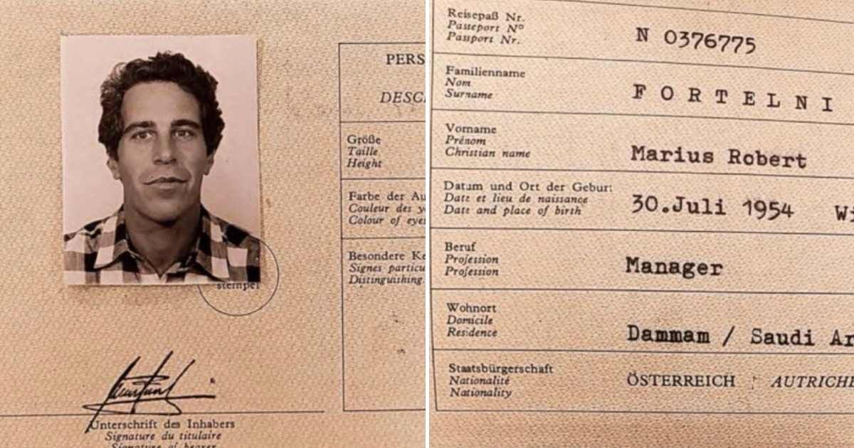 Austrian passport shows Jeffrey Epstein's photo with the name Marius Robert Fortelni (@RepLuna/X)