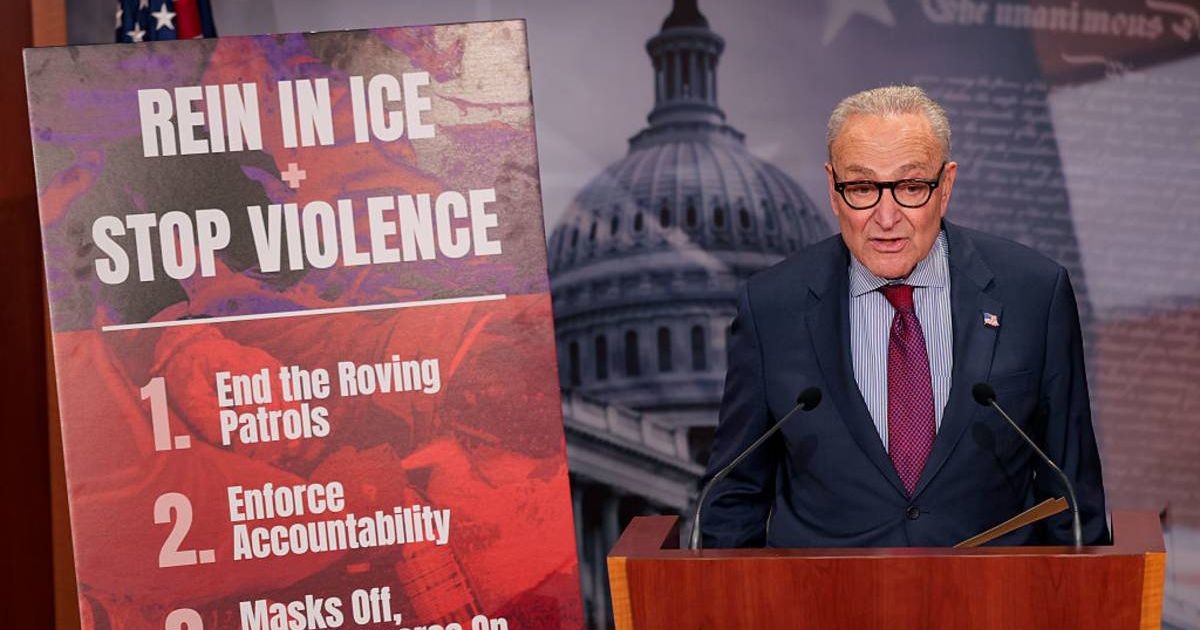Senate Minority Leader Chuck Schumer spoke at a press conference on February 12, 2026, in Washington, DC (Heather Diehl/Getty Images)