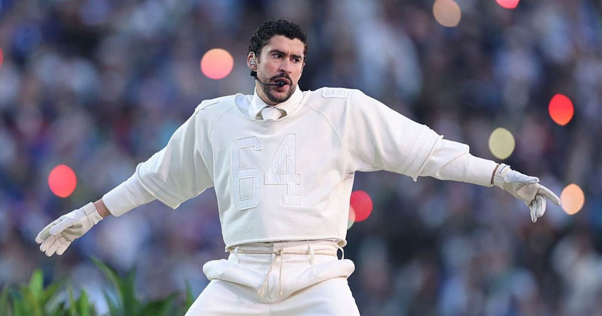 Bad Bunny performs onstage during the Apple Music Super Bowl LX Halftime Show (Kevin C Cox/Getty Images)