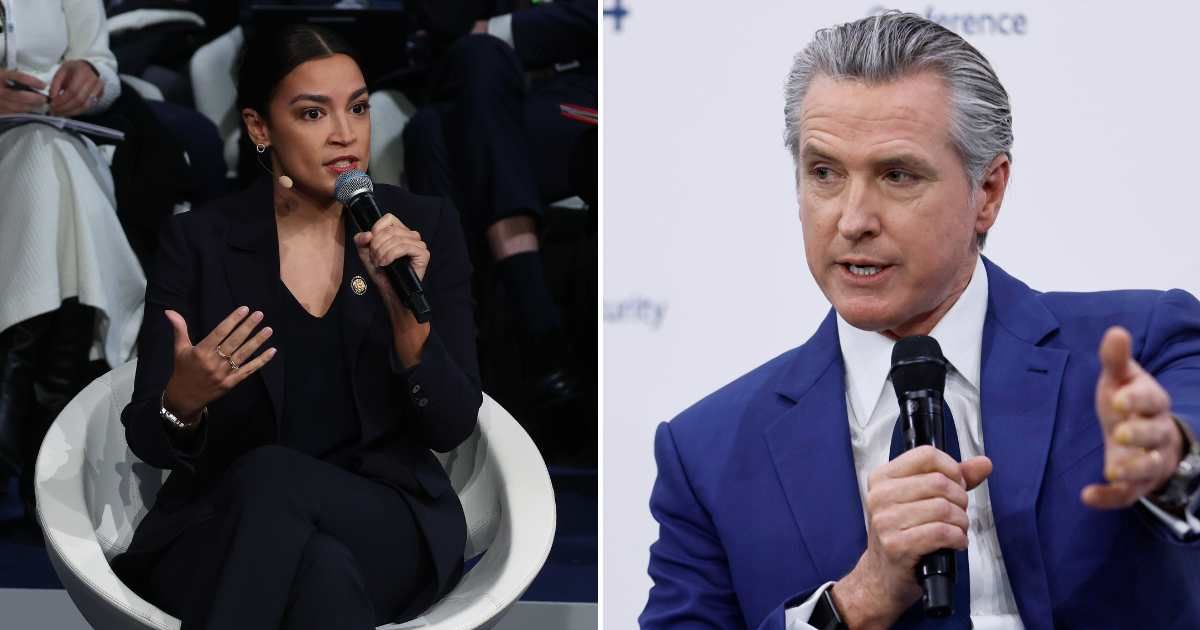High-ranking Democrats Gavin Newsom and Alexandria Ocasio-Cortez took the stage in Munich to brand the current administration's policies as temporary (Sean Gallup/Getty Images, Johannes Simon/Getty Images)