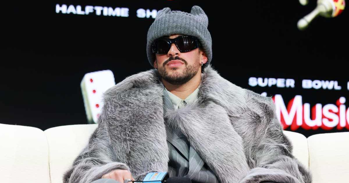 Bad Bunny appears onstage during the Super Bowl LX Pregame & Apple Music Super Bowl LX Halftime Show Press Conference (Kevin Mazur/Getty Images for Roc Nation)