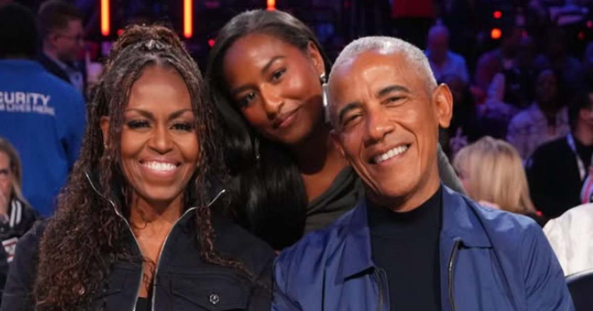 Michelle Obama smiled with Barack and their daughter Sasha at the 2026 NBA All-Star Game (@barackobama/Instagram)