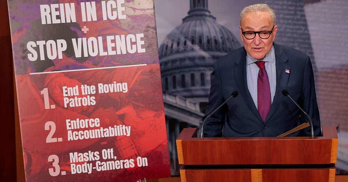 Senate Minority Leader Chuck Schumer (D-NY) speaks at a press conference on February 12, 2026 in Washington, DC (Heather Diehl/Getty Images)