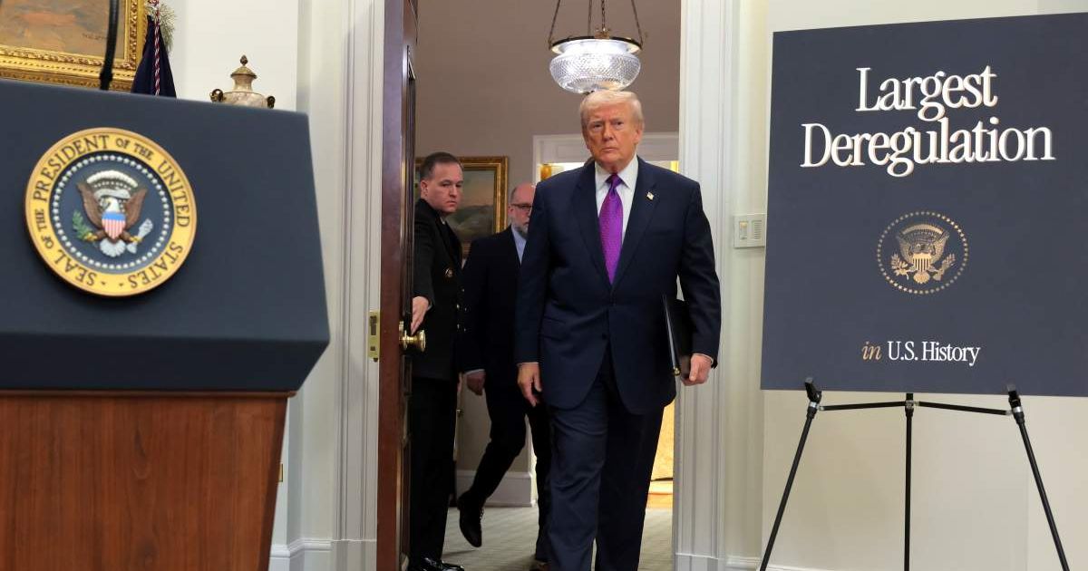 Trump arrives in the Roosevelt Room to announce a rollback of the 2009 Endangerment Finding at the White House on February 12, 2026, in Washington, DC (Getty Images)