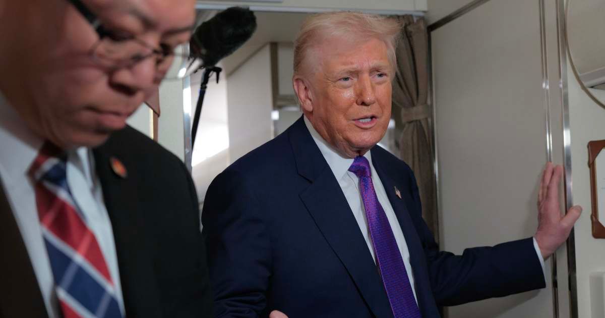  US President Donald Trump talks to reporters on board Air Force One on February 19, 2026 at Joint Base Andrews, Maryland. Trump is flying to Georgia to visit a steel company and speak on the economy (Chip Somodevilla/Getty Images)