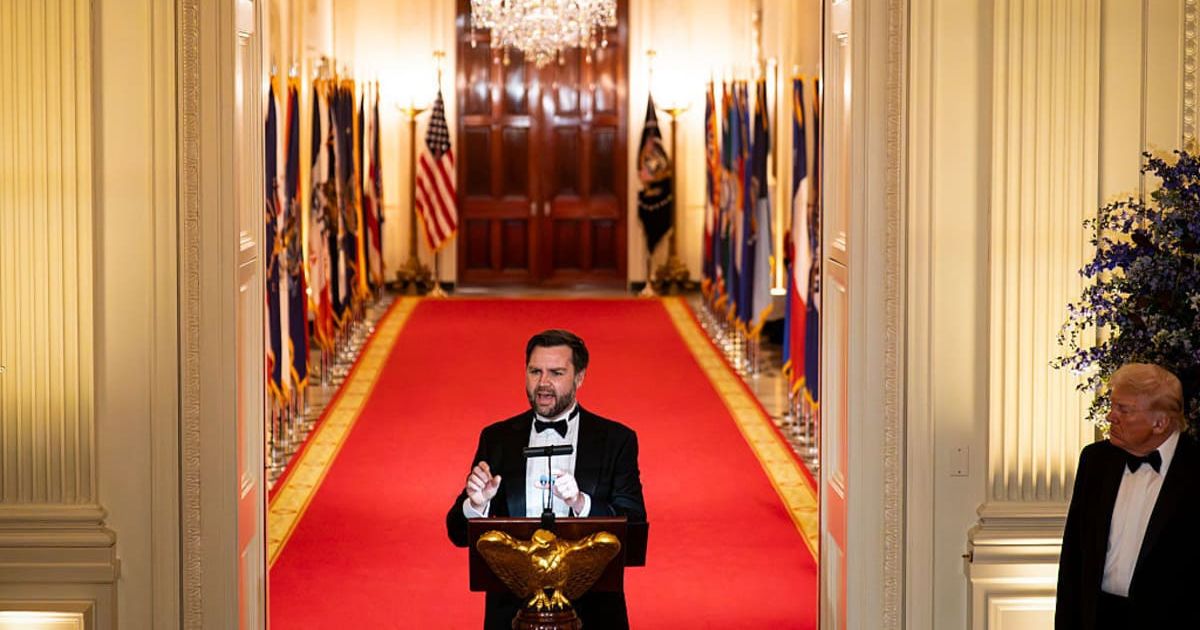 Vice President JD Vance spoke as President Donald Trump looked on during the National Governors Association dinner at the White House on February 21, 2026, in Washington, DC (Al Drago/Getty Images)