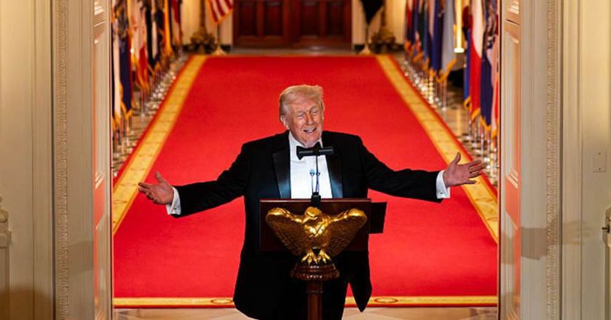 President Donald Trump speaks during the National Governors Association Evening Dinner and Reception in the East Room of the White House on February 21, 2026, in Washington, DC (Getty Images)