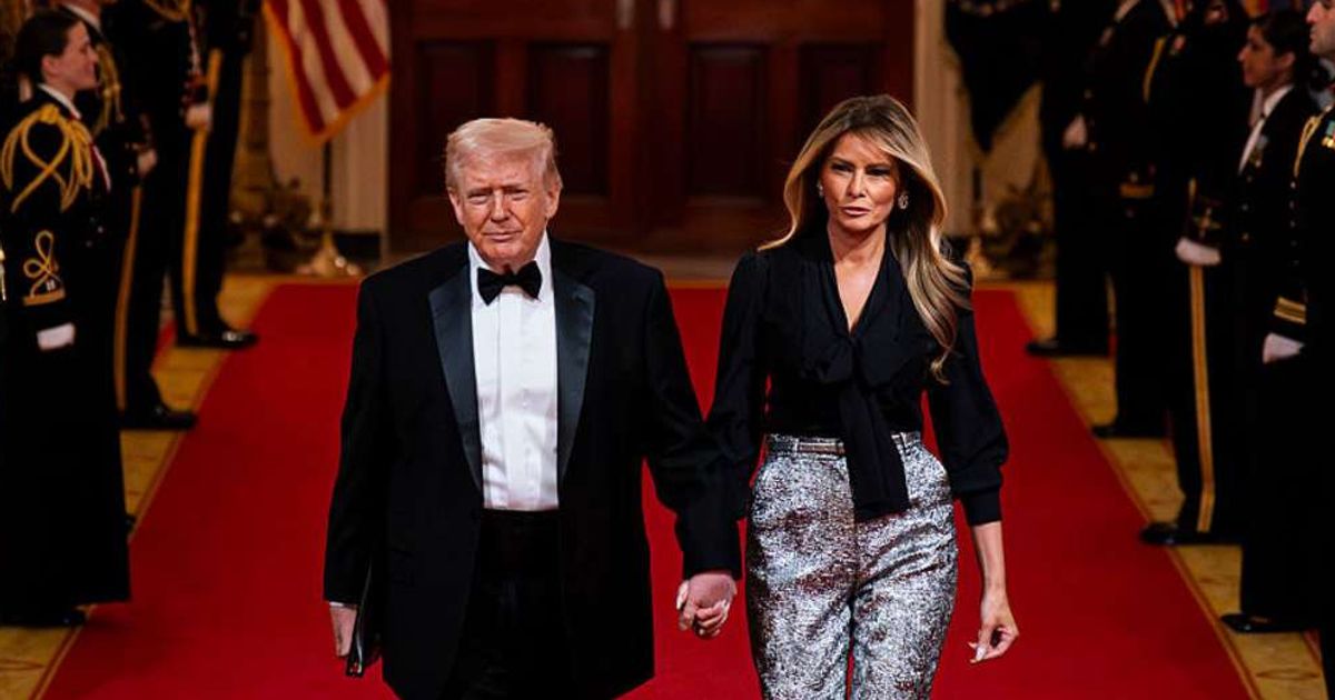 President Donald Trump and first lady Melania Trump arrive during the National Governors Association Evening Dinner and Reception in the East Room of the White House on February 21, 2026 in Washington, DC (Al Drago/Getty Images)