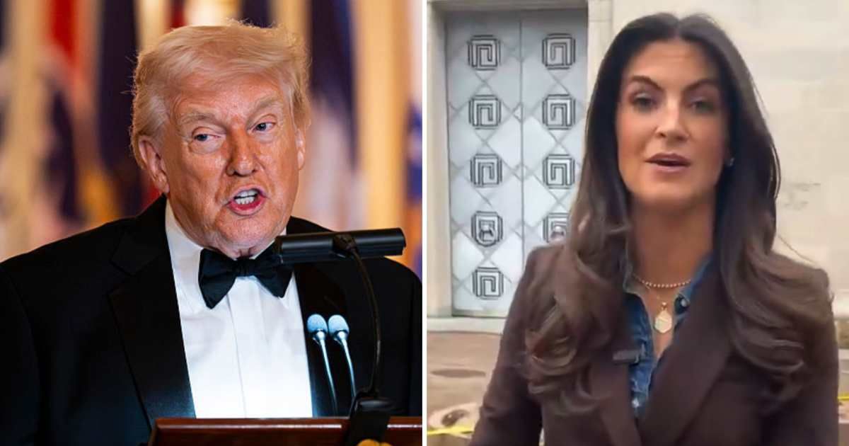 President Donald Trump drew attention after reposting a video featuring Kaitlan Collins discussing a newly installed banner displaying Trump’s image at the United States Department of Justice (Getty Images, Screengrab/X/@ButtersToo2)