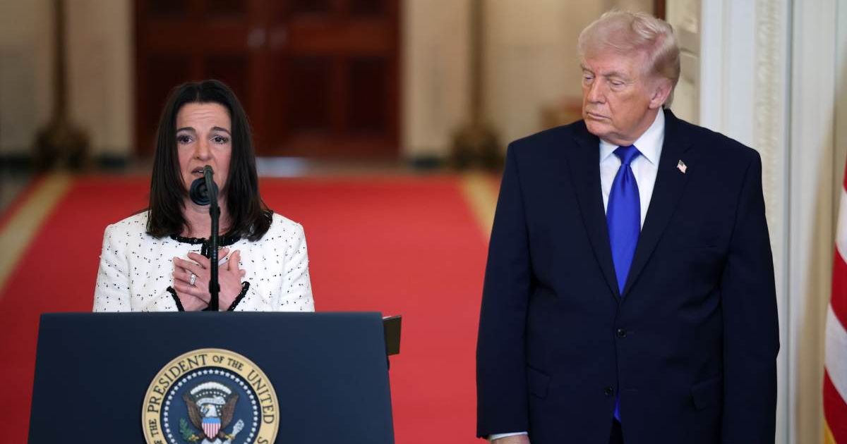 Allyson Phillips, mother of Laken Riley, joins Trump during an Angel Families remembrance ceremony in the East Room of the White House in Washington, DC, on February 23, 2026 (Photo by Win McNamee/Getty Images)