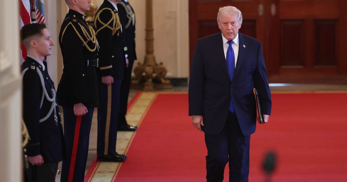 President Donald Trump arrived at an Angel Families remembrance ceremony held in the East Room at the White House February 23, 2026 in Washington, DC (Getty Images) 
