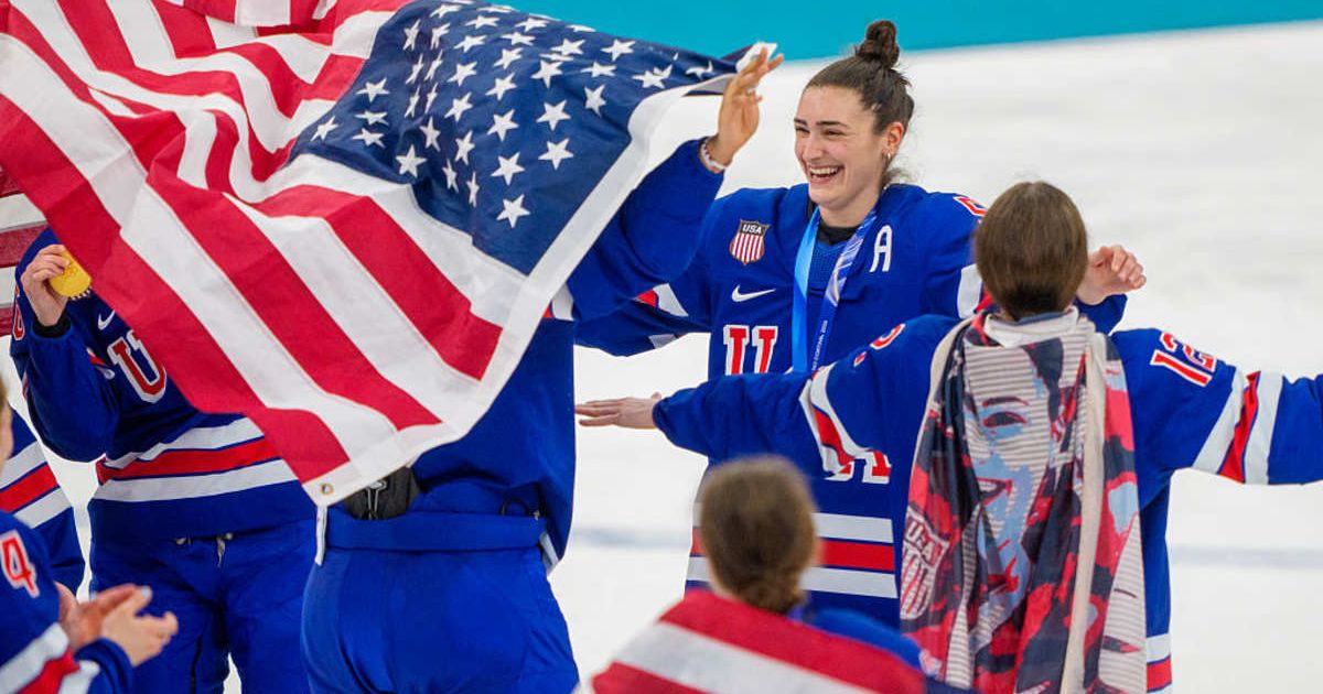 Team USA’s Megan Keller and Aerin Frankel celebrate winning the Women’s Ice Hockey Gold Medal with a 2-1 overtime victory over Canada at the 2026 Winter Olympics at Milano Santagiulia Ice Hockey Arena on February 19, 2026 (Getty Images)