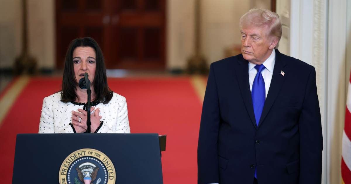The mother of Laken Riley, Allyson Phillips, joins President Donald Trump during an Angel Families remembrance ceremony held in the East Room at the White House on February 23, 2026, in Washington, DC (Getty Images)