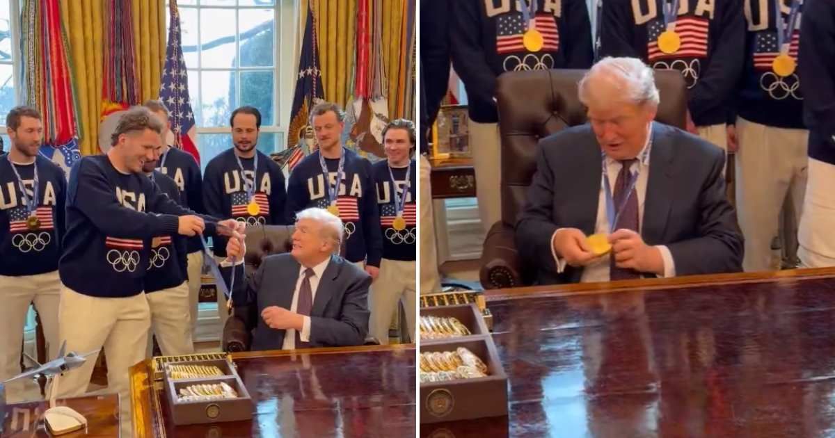 The US men’s Olympic hockey team met President Donald Trump at the White House, where Matthew Tkachuk invited him to try on his gold medal (@MargoMartin47/X)